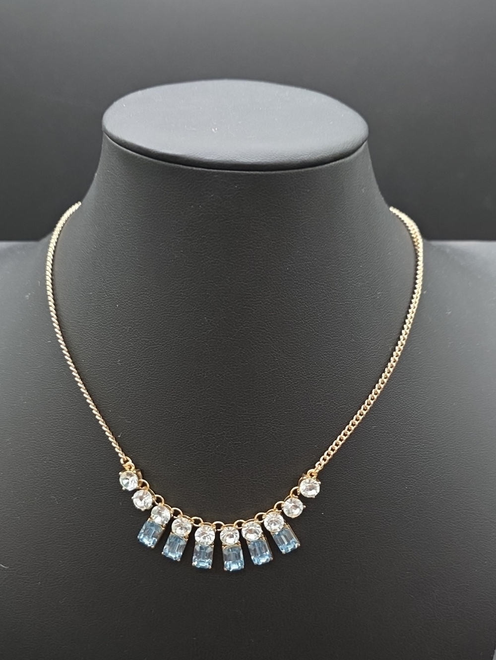 Gold Tone Blue Crystal Bar Pendant Necklace